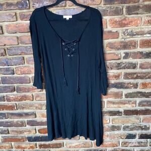 Socialite Black Ribbed Knit Lace-Up Long Sleeve Mini Dress Women's Size Large